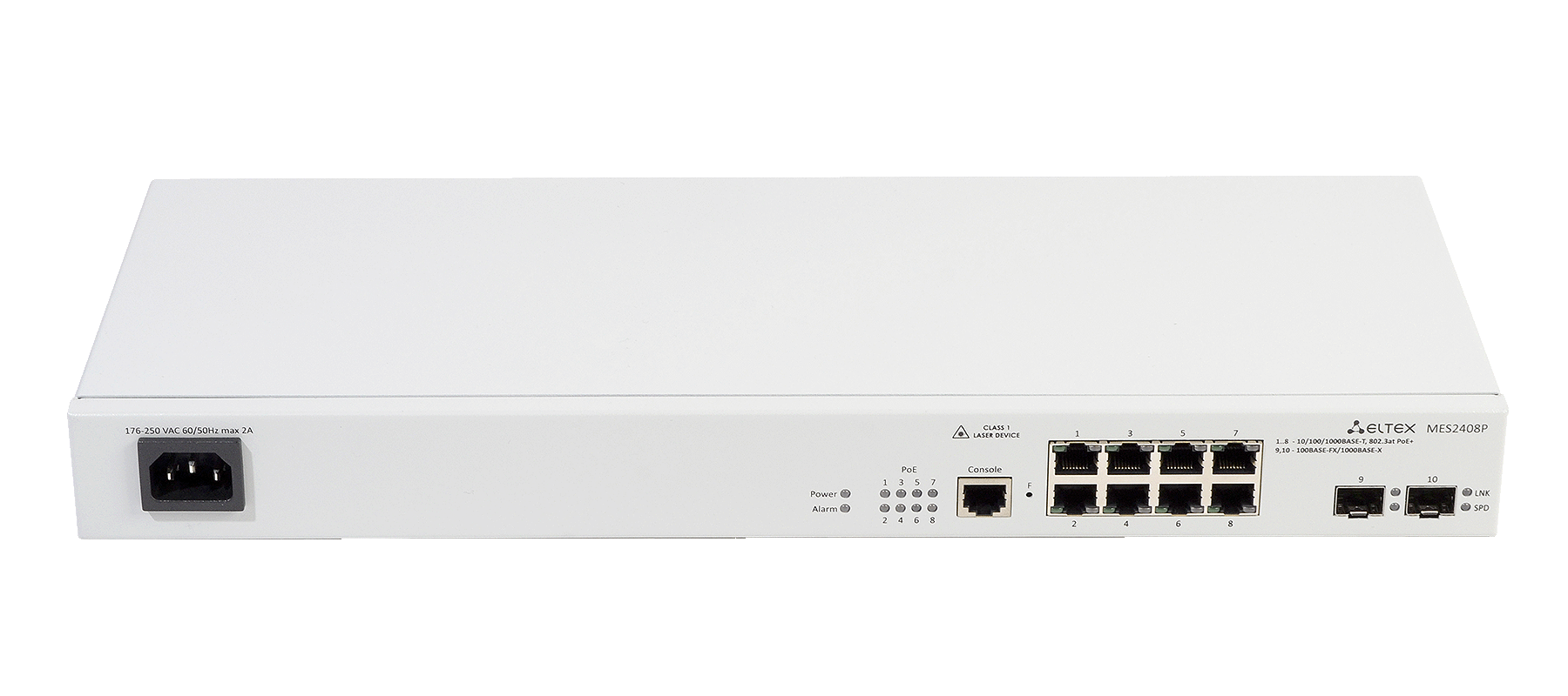 Ethernet-коммутатор MES2408CP, 8xPoE/PoE+ (1G) + 2xCombo (RJ45/SFP), L2, 220V AC